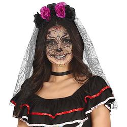 Foto van Halloween thema diadeem met bloemen en sluier - one size - zwart/roze - meisjes/dames - verkleedhoofddeksels