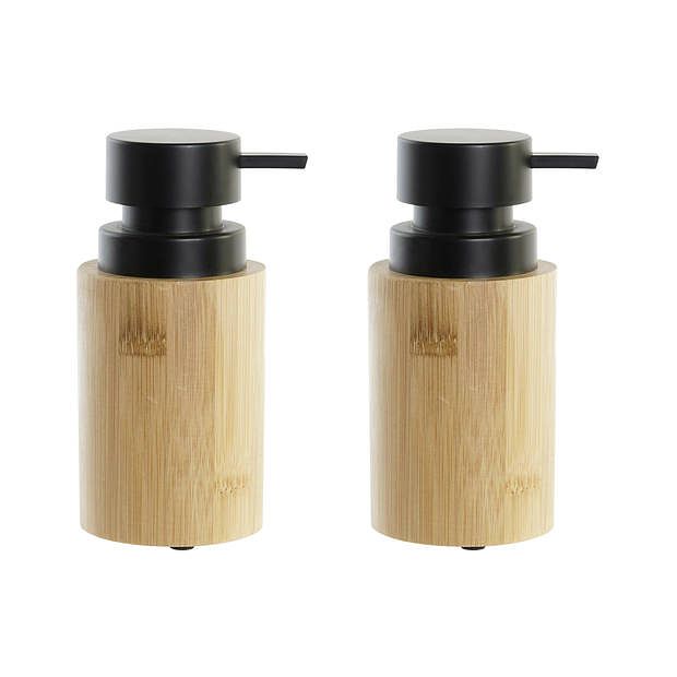 Foto van 2x stuks zeeppompje/dispenser bamboe/rvs in kleur hout/zwart 8 x 16 cm - zeeppompjes