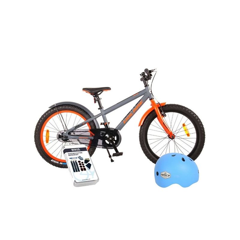 Foto van Volare kinderfiets rocky - 20 inch - grijs/oranje - inclusief fietshelm & accessoires