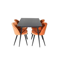 Foto van Silarblext eethoek eetkamertafel uitschuifbare tafel lengte cm 120 / 160 zwart en 4 velvet eetkamerstal velours oranje,