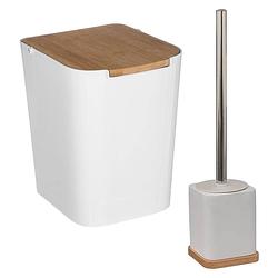 Foto van Badkamer/toilet accessoires set - wc-borstel in houder en prullenbak - wit - bamboe - 5 liter - badkameraccessoireset