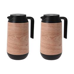 Foto van 2x stuks koffie/thee thermoskannen houtlook 1000 ml - thermoskannen