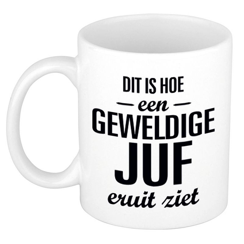 Foto van Geweldige juf cadeau koffiemok / theebeker wit 300 ml - feest mokken