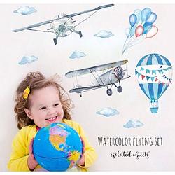 Foto van Muursticker deursticker meubelsticker tofok kinderkamer babykamer vliegtuig ballon luchtballon blauw