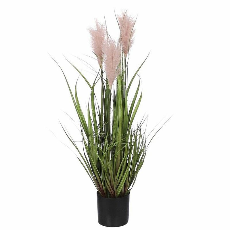 Foto van Kunstgras/gras kunstplant met pluimen - groen/roze h80 x d35 cm - op stevige plug - kunstplanten