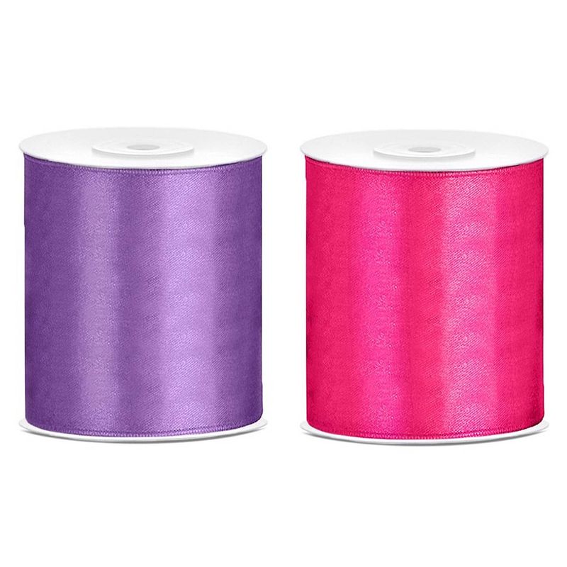 Foto van 2x rollen hobby decoratie satijnlint paars-fuchsia roze 10 cm x 25 meter - cadeaulinten