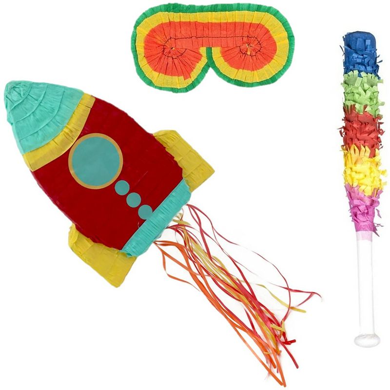 Foto van Verjaardag pinata space raket van 43 cm set met stok en masker - pinatas