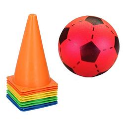 Foto van 10x stuks sport/voetbal training pionnen 23 cm met rode soft voetbal - pionnen