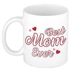 Foto van Best mom ever mok / beker wit met rode hartjes - cadeau mama - moederdag / verjaardag - feest mokken