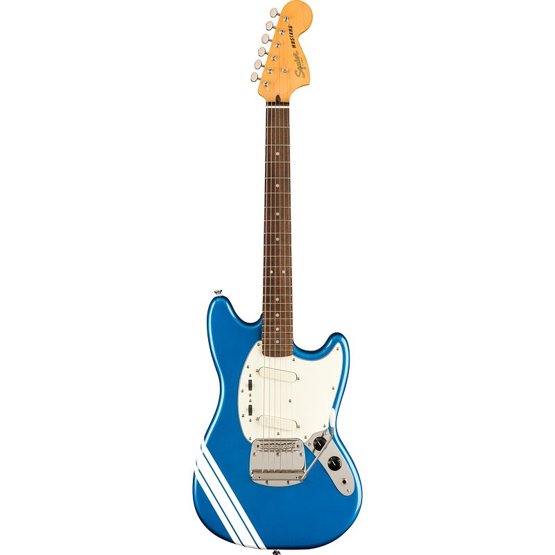 Foto van Squier classic vibe 60s competition mustang lake placid blue olympic white stripes fsr elektrische gitaar