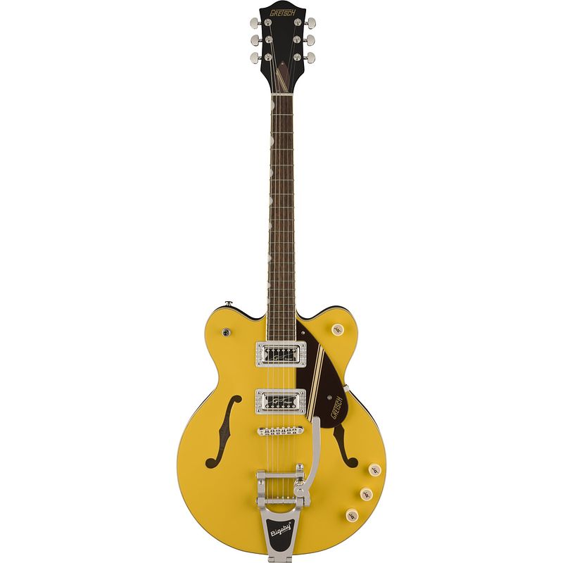 Foto van Gretsch g2604t streamliner rally ii center block bigsby il two-tone bamboo yellow copper metallic limited edition