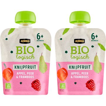 Foto van Jumbo biologisch fruithapje 6+ maanden appel, peer & framboos 2 x 90g