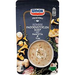 Foto van 2 zakken soep a 570 ml, pakken cupasoup a 3 stuks of single verpakkingen noodles of pasta | unox soep in zak proeverij romige paddenstoelensoep 570ml aanbieding bij jumbo