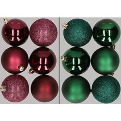 Foto van 12x stuks kunststof kerstballen mix van aubergine en donkergroen 8 cm - kerstbal