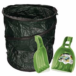 Foto van Groene tuinafvalzak opvouwbaar 90 liter met een setje bladharken/tuinafval grijpers - tuinafvalzak