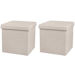 Foto van Urban living poef/hocker - 2x - opbergbox zit krukje - beige - linnen/mdf - 37 x 37 cm - opvouwbaar - poefs