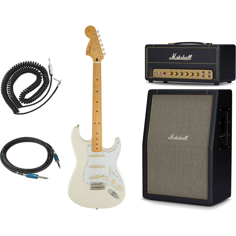 Foto van Fender jimi hendrix stratocaster olympic white mn + gigbag + marshall gitaarversterker