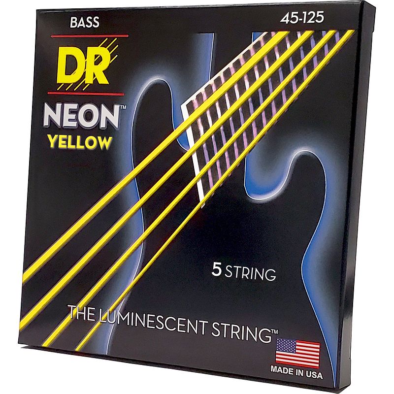 Foto van Dr strings nyb5-45 hi-def neon yellow 45-105 set 5 snaren voor elektrische basgitaar