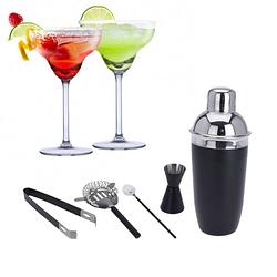 Foto van Set van 4x margarita cocktailglazen met zwarte 5-delige cocktailshaker set rvs - cocktailglazen