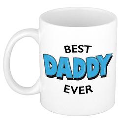 Foto van Best daddy ever cadeau mok / beker wit met blauwe cartoon letters 300 ml - feest mokken