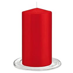 Foto van Trend candles - stompkaarsen met glazen onderzetters set van 2x stuks - helder rood 8 x 15 cm - stompkaarsen