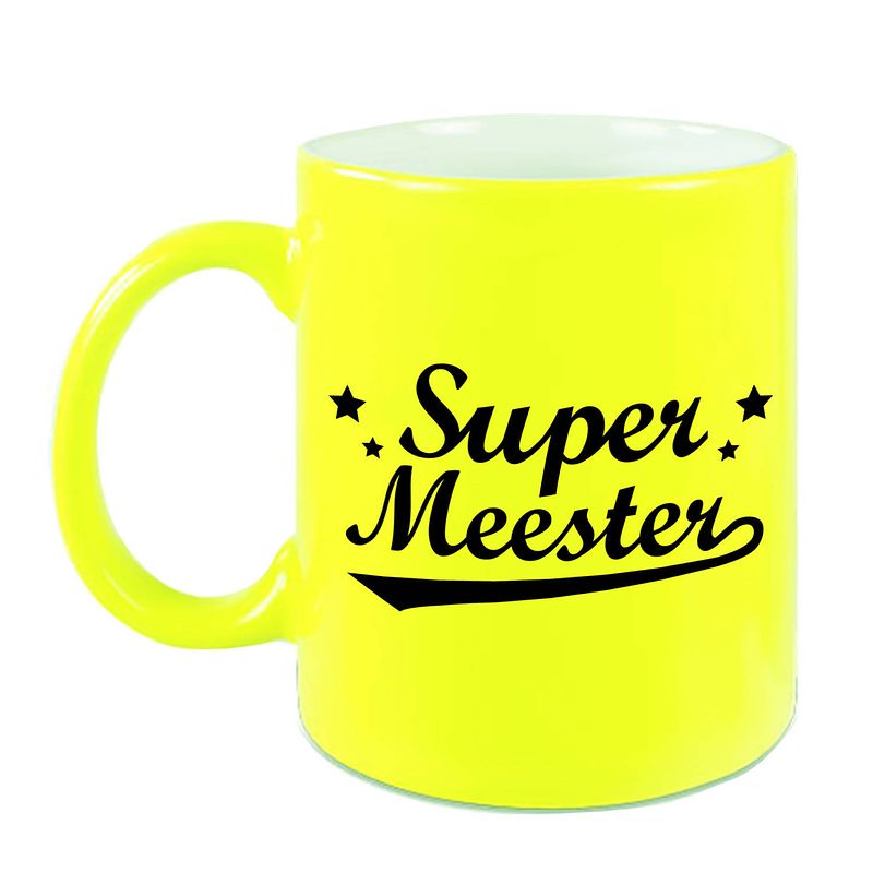 Foto van Super meester cadeau mok / beker neon geel 330 ml - feest mokken