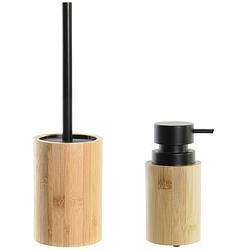 Foto van Toiletborstel in houder 36 cm met zeeppompje 16 cm bamboe hout - toiletborstels