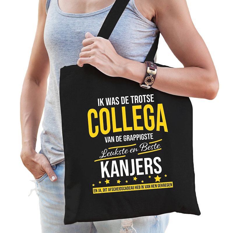 Foto van Trotse collega van de leukste kanjers katoenen afscheid cadeau tas zwart voor dames - feest boodschappentassen