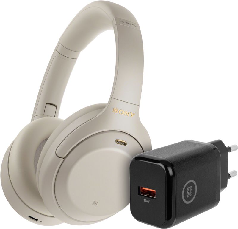 Foto van Sony wh-1000xm4 zilver + bluebuilt quick charge oplader met usb a poort 18w zwart