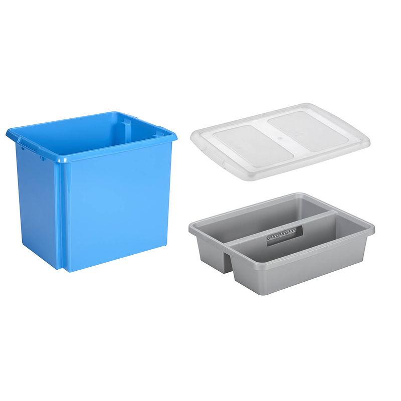 Foto van Sunware opslagbox kunststof 45 liter blauw 45 x 36 x 36 cm met deksel en organiser tray - opbergbox