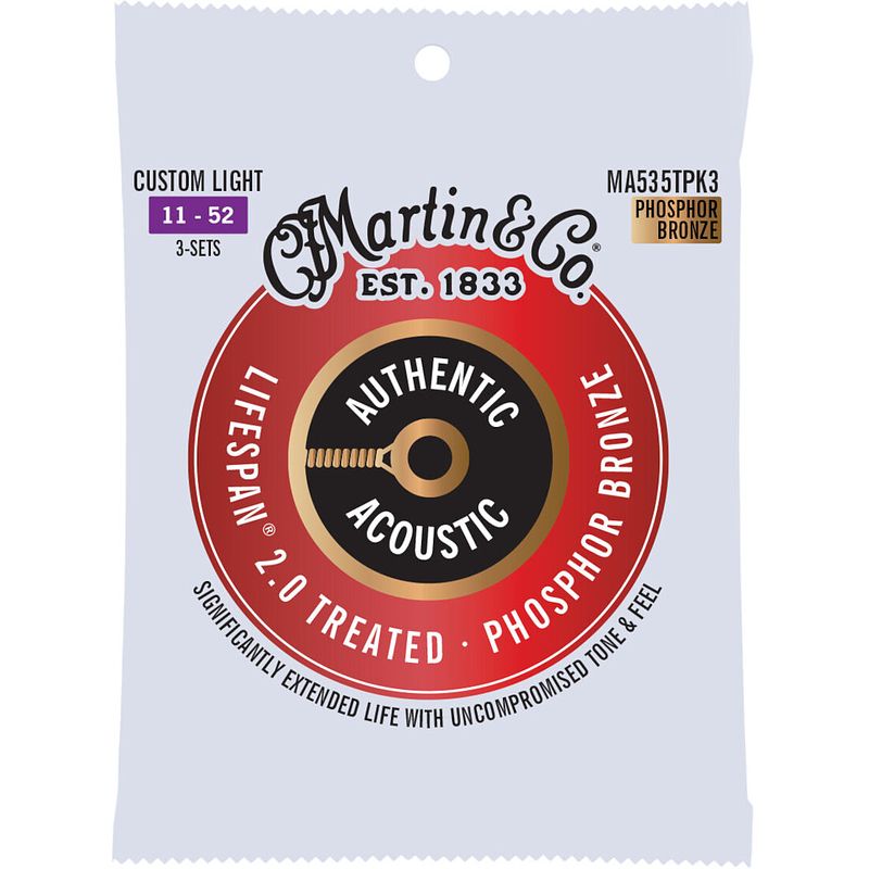 Foto van Martin strings ma535tpk3 lifespan 2.0 phosphor bronze 3-pack custom light 11-52 snarensets voor westerngitaar (3 sets)