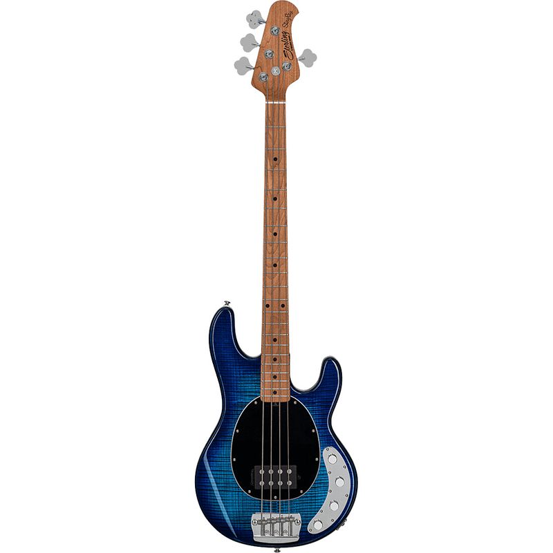 Foto van Sterling by music man stingray ray34 fm neptune blue elektrische basgitaar met deluxe gigbag