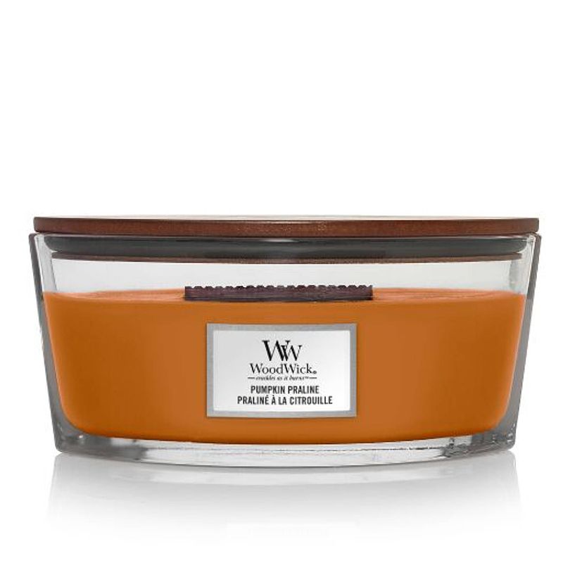 Foto van Woodwick geurkaars ellipse pumpkin praline - 9 cm / 19 cm