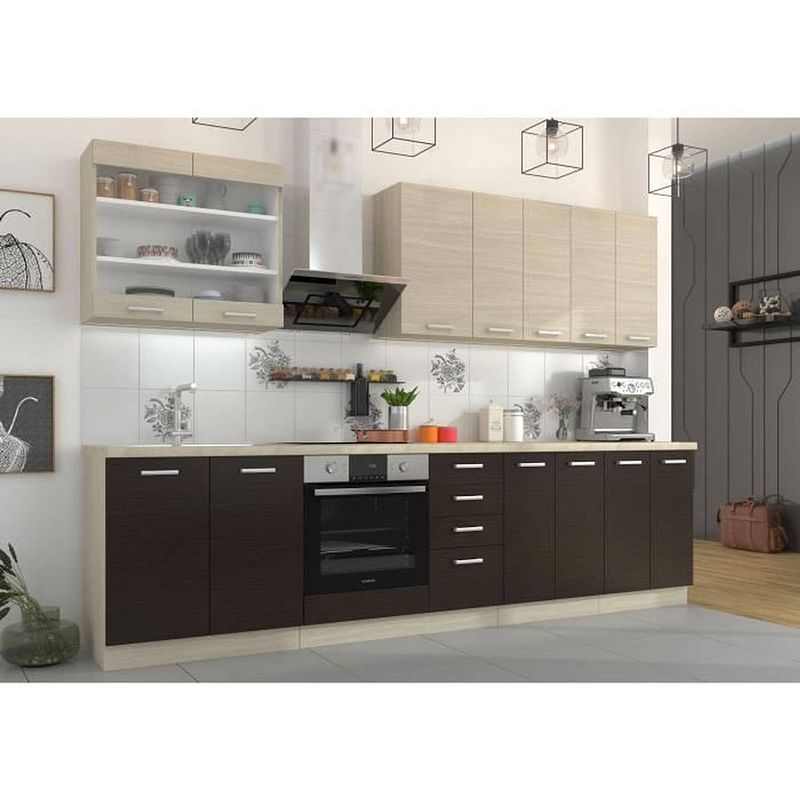 Foto van Chamonix complete keuken - melamine - donker eiken decor - l 300 x d 60 x h 82 cm - werkblad niet inbegrepen