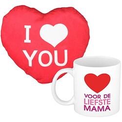 Foto van Voor de liefste mama mok/beker 300 ml incl. sierkussentje hart vorm 15 cm - feest mokken