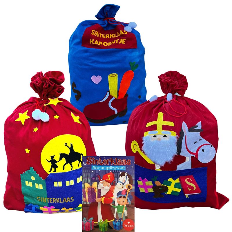 Foto van Zak van sinterklaas - geschenkzak - 90 x 60 cm - 3 stuks - incl. sinterklaas doeboek - 128 pagina's