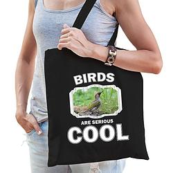 Foto van Katoenen tasje birds are serious cool zwart - vogels/ groene specht cadeau tas - feest boodschappentassen