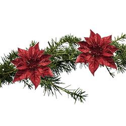 Foto van 2x stuks kerstboomversiering bloemen op clip rode kerstster 18 cm - kunstbloemen