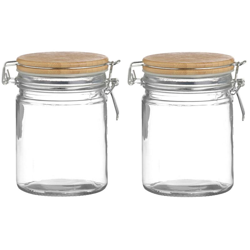 Foto van Urban living voorraadpot/bewaarpot - 2x - 700 ml - glas - met beugelsluiting - bamboe deksel - voorraadpot