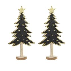 Foto van 2x stuks kerstdecoratie houten decoratie kerstboom zwart met gouden sterren b18 x h36 cm - kunstkerstboom