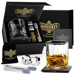 Foto van Whisiskey luxe whiskey set - incl. whiskey glas, 2 whiskey stones, onderzetter, ijstang, fluwelen opbergzak, opbergbox -