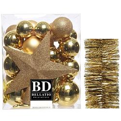 Foto van Kerstversiering kerstballen 5-6-8 cm met ster piek en folieslingers pakket goud van 35x stuks - kerstbal