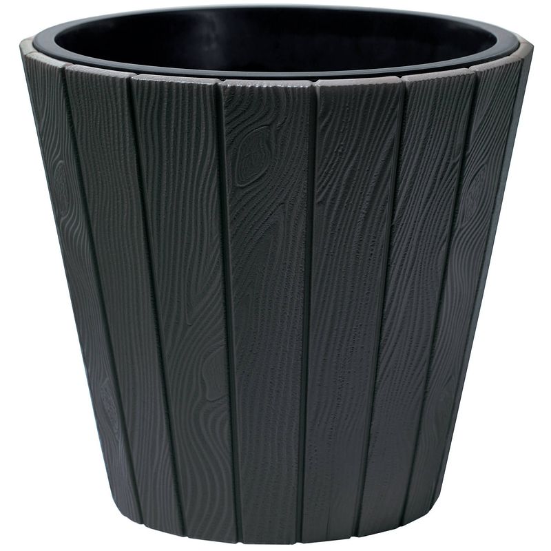 Foto van Prosperplast plantenpot/bloempot wood style - buiten/binnen - kunststof - antraciet - d30 x h28 cm - plantenpotten