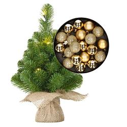 Foto van Mini kerstboom/kunstboom met verlichting 45 cm en inclusief kerstballen goud - kunstkerstboom