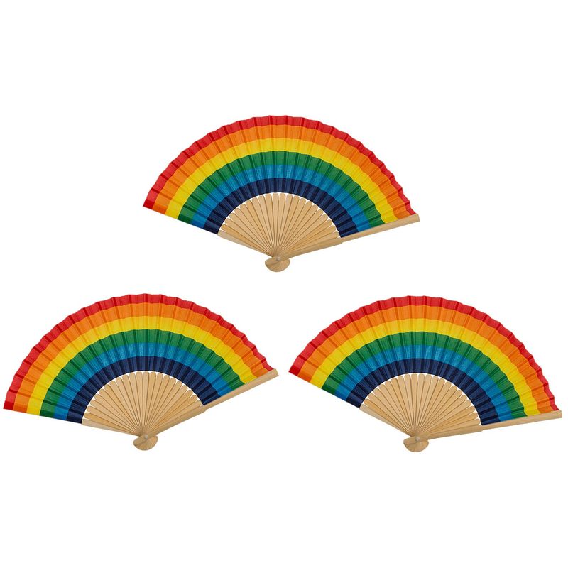 Foto van Spaanse hand waaier - 5x - pride/regenboog - bamboe/papier - 21 cm - verkleedattributen