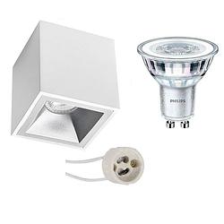 Foto van Opbouwspot set - pragmi cliron pro - gu10 fitting - opbouw vierkant - mat wit/zilver - verdiept - 90mm - philips -