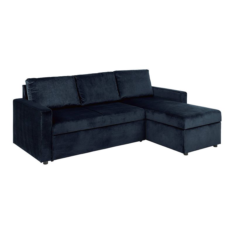 Foto van Sacramento slaapbank chaise longue omkeerbaar, verborgen opslag en uitschuifbaar bed donkerblauw.