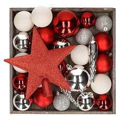 Foto van Kunststof kerstballen - 45x stuks - met ster piek - rood,wit,zilver - kerstbal