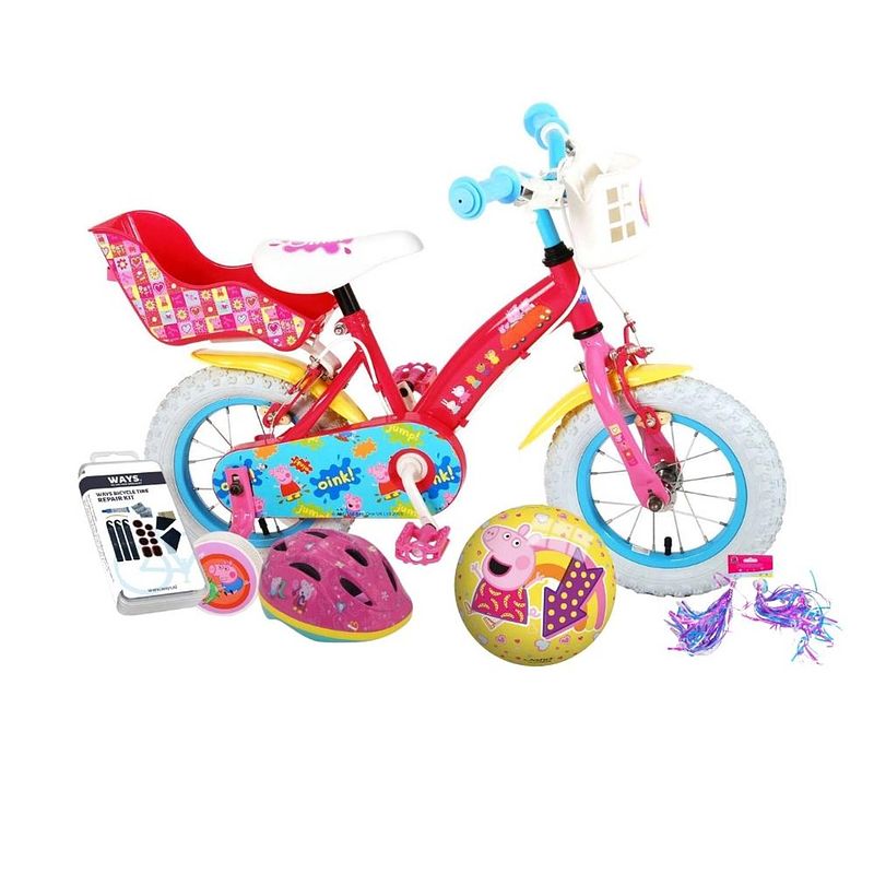 Foto van Volare kinderfiets peppa pig - 12 inch - roze - twee handremmen - inclusief fietshelm en accessoires