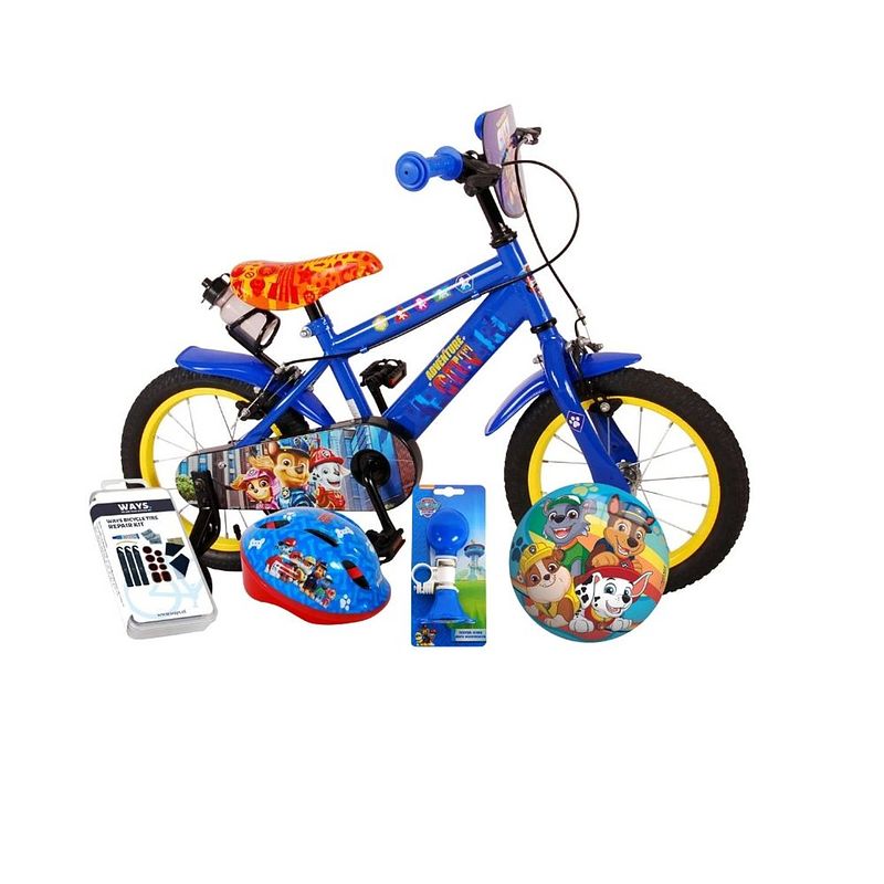 Foto van Volare kinderfiets paw patrol - 14 inch - blauw - twee handremmen - met fietshelm en accessoires